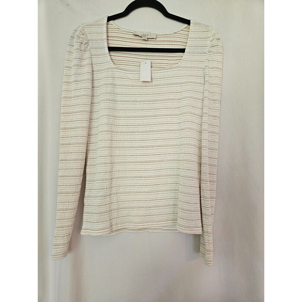 Loft Stripe Stretchy Top Women's Puff Long Sleeve Oat-Gold Size M Brand New‎